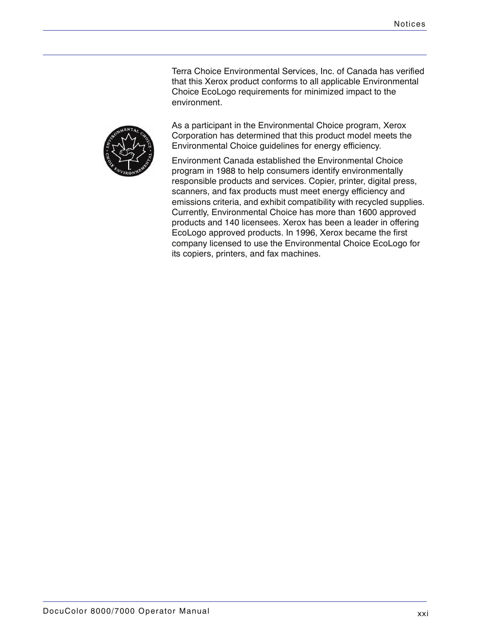 Environmental notices for canada | Xerox DocuColor 7000  EN User Manual | Page 23 / 194
