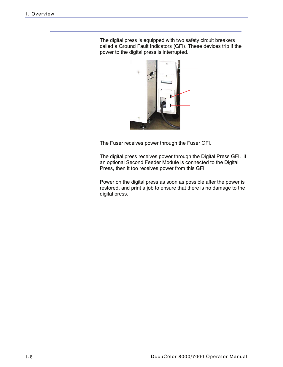 Ground fault indicator (gfi) circuit breakers, Ground fault indicator (gfi) circuit breakers -8 | Xerox DocuColor 7000  EN User Manual | Page 34 / 194