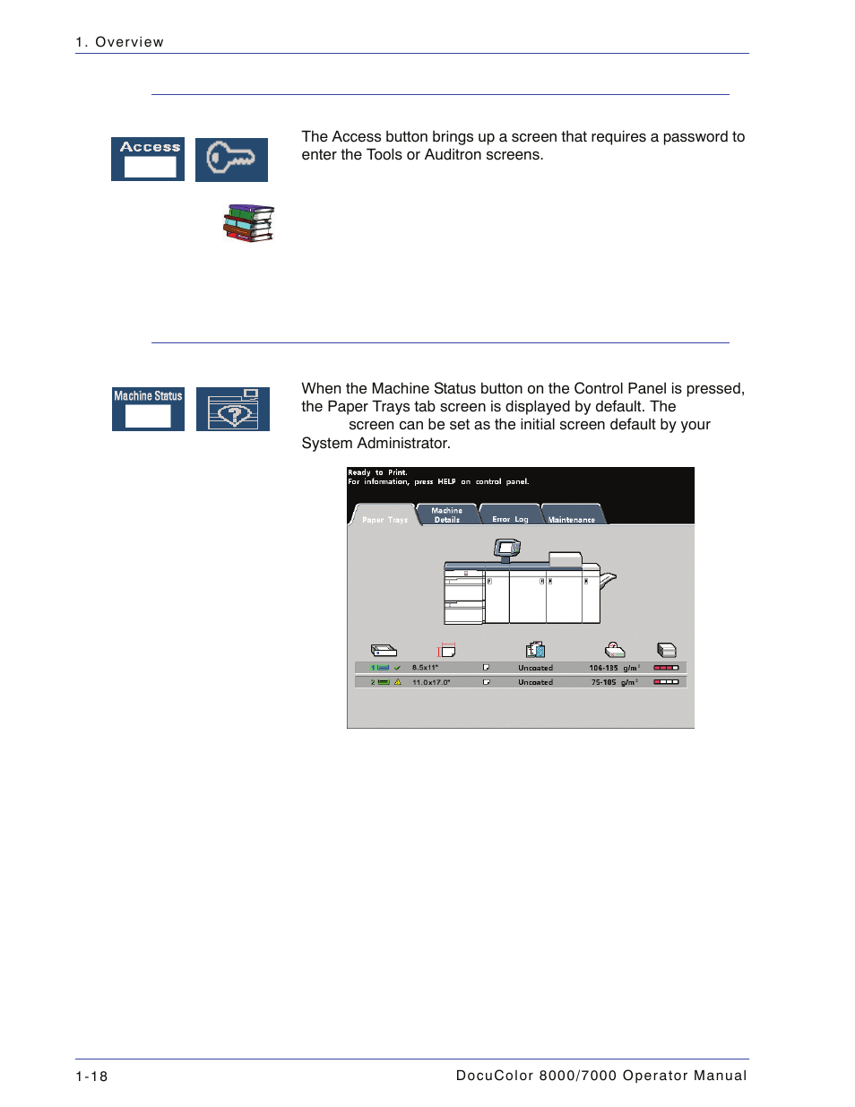 Access, Machine status, Access -18 machine status -18 | Xerox DocuColor 7000  EN User Manual | Page 44 / 194