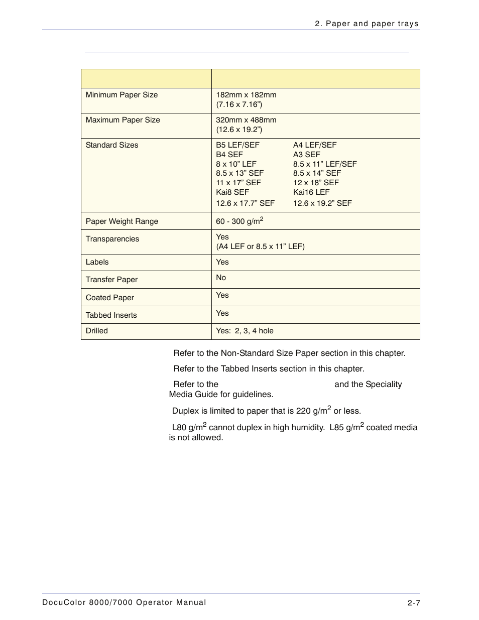 Paper specifications, Paper specifications -7 | Xerox DocuColor 7000  EN User Manual | Page 63 / 194