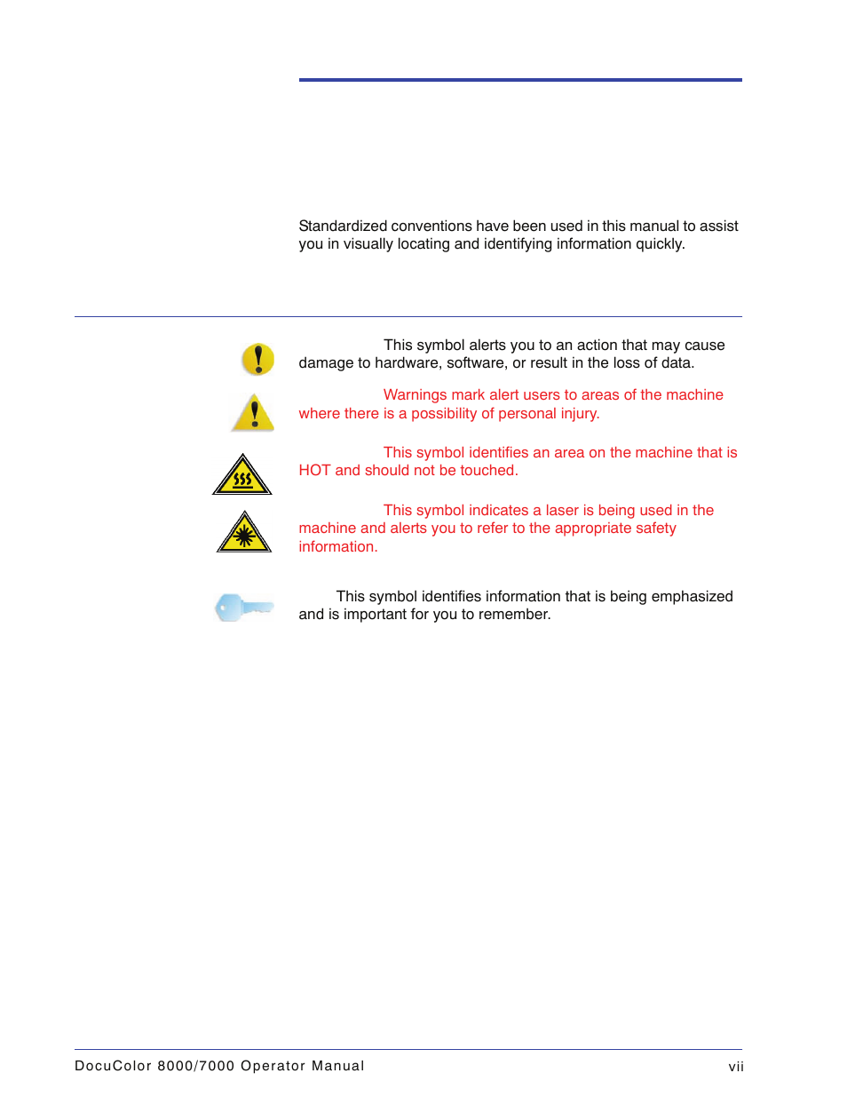 Conventions, Symbols | Xerox DocuColor 7000  EN User Manual | Page 9 / 194