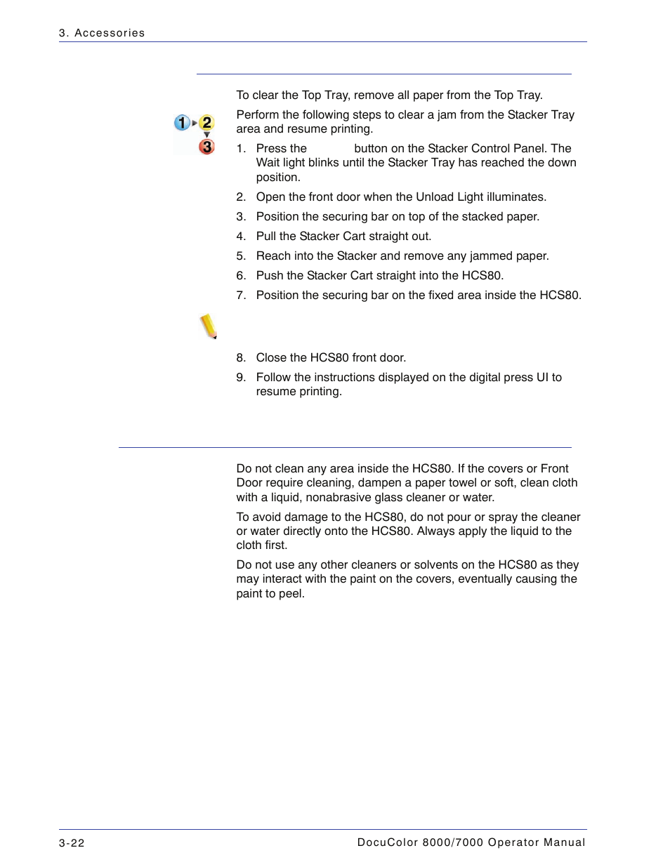 Clear top tray and stacker tray paper jams, Maintenance, Clear top tray and stacker tray paper jams3-22 | Maintenance -22 | Xerox DocuColor 7000  EN User Manual | Page 96 / 194