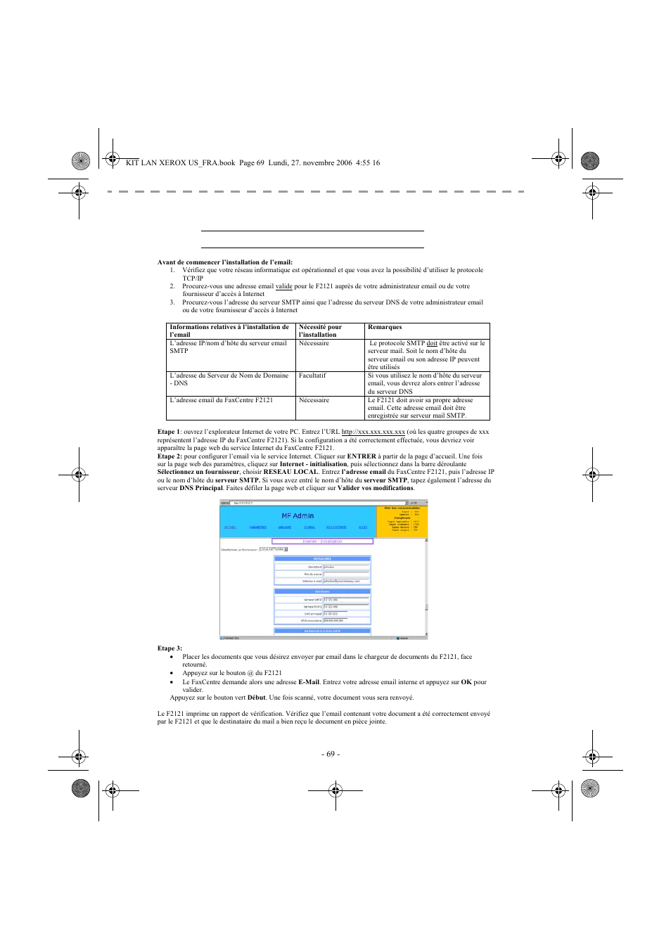 Onfiguration, Réseau | Xerox FaxCentre F2121 User Manual | Page 69 / 112