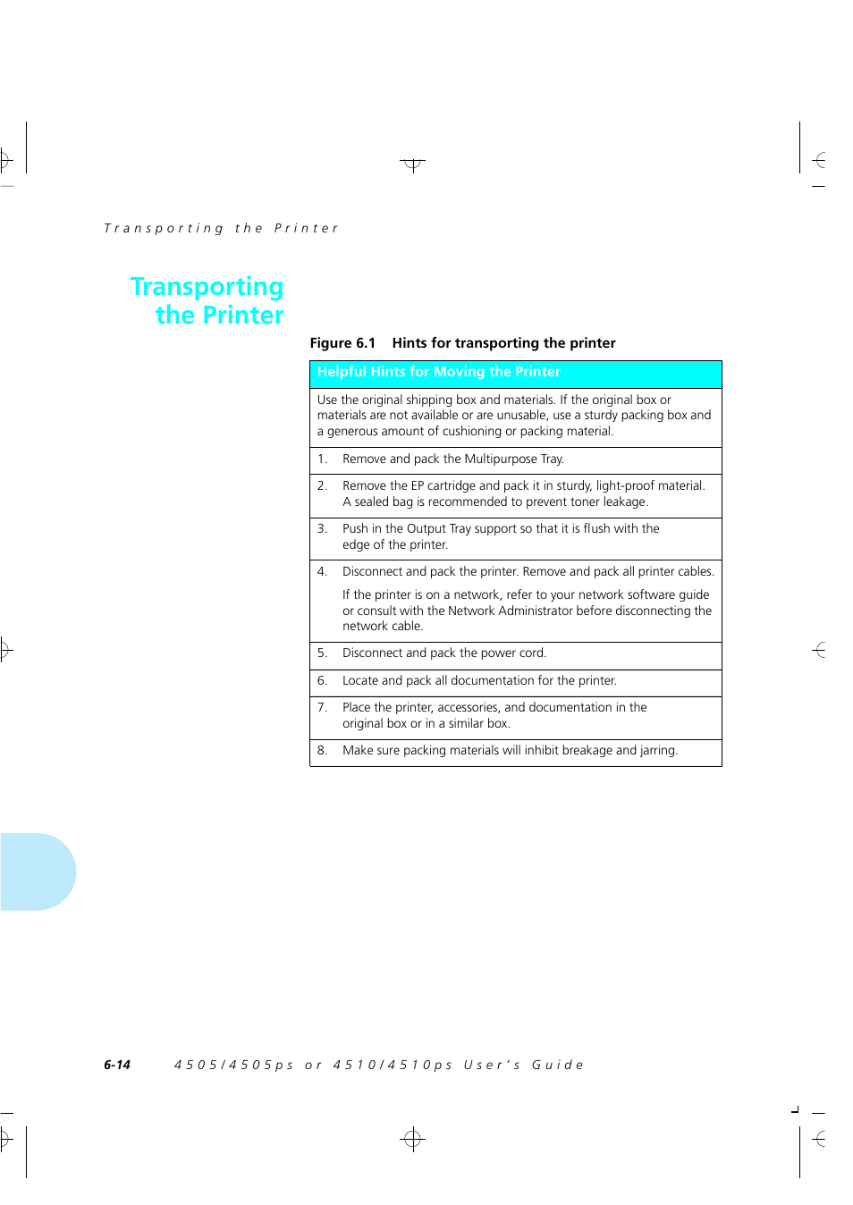 Transporting the printer | Xerox 4505/4505ps User Manual | Page 166 / 286