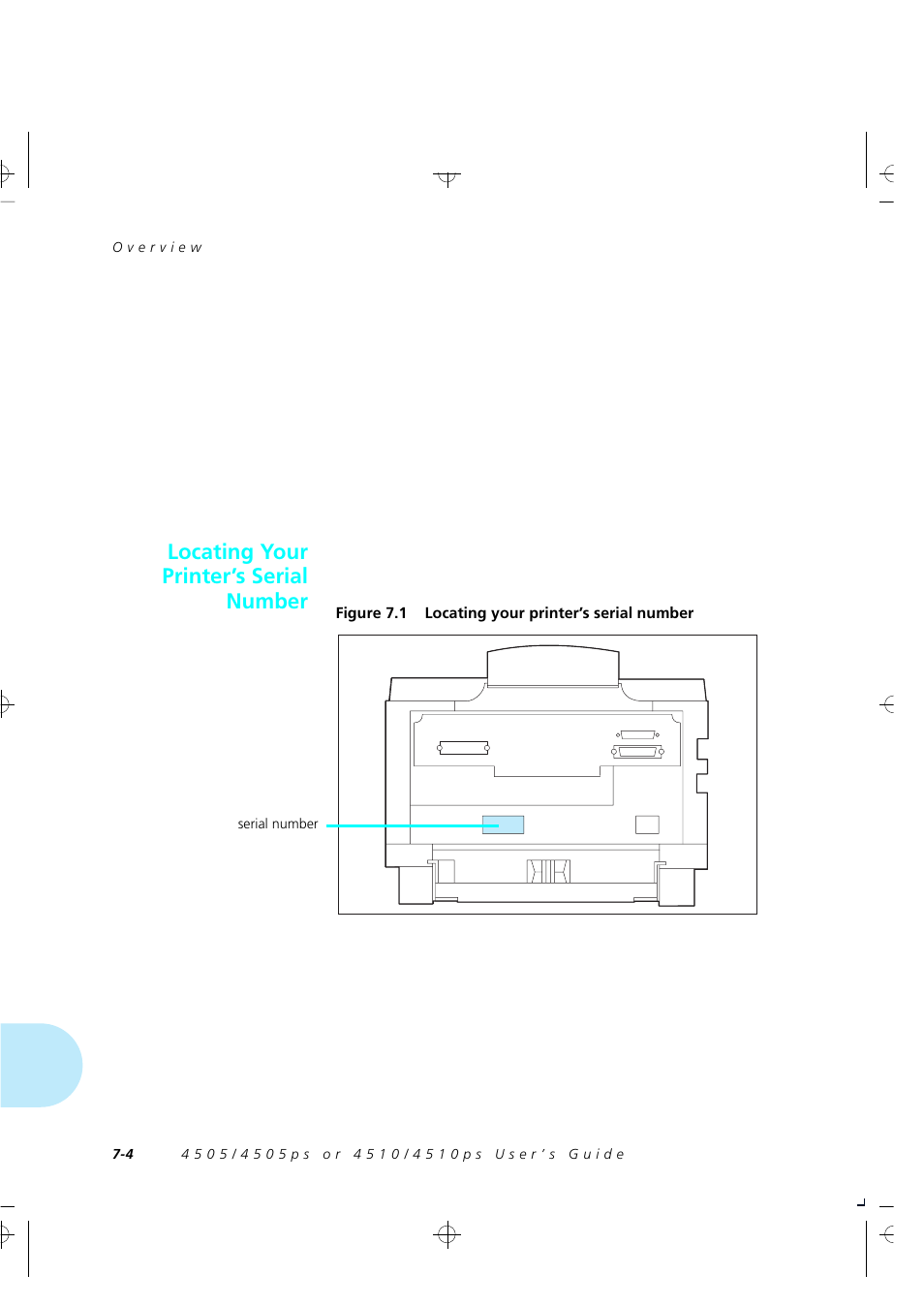 Locating your printer serial number, Locating your printer’s serial number | Xerox 4505/4505ps User Manual | Page 170 / 286