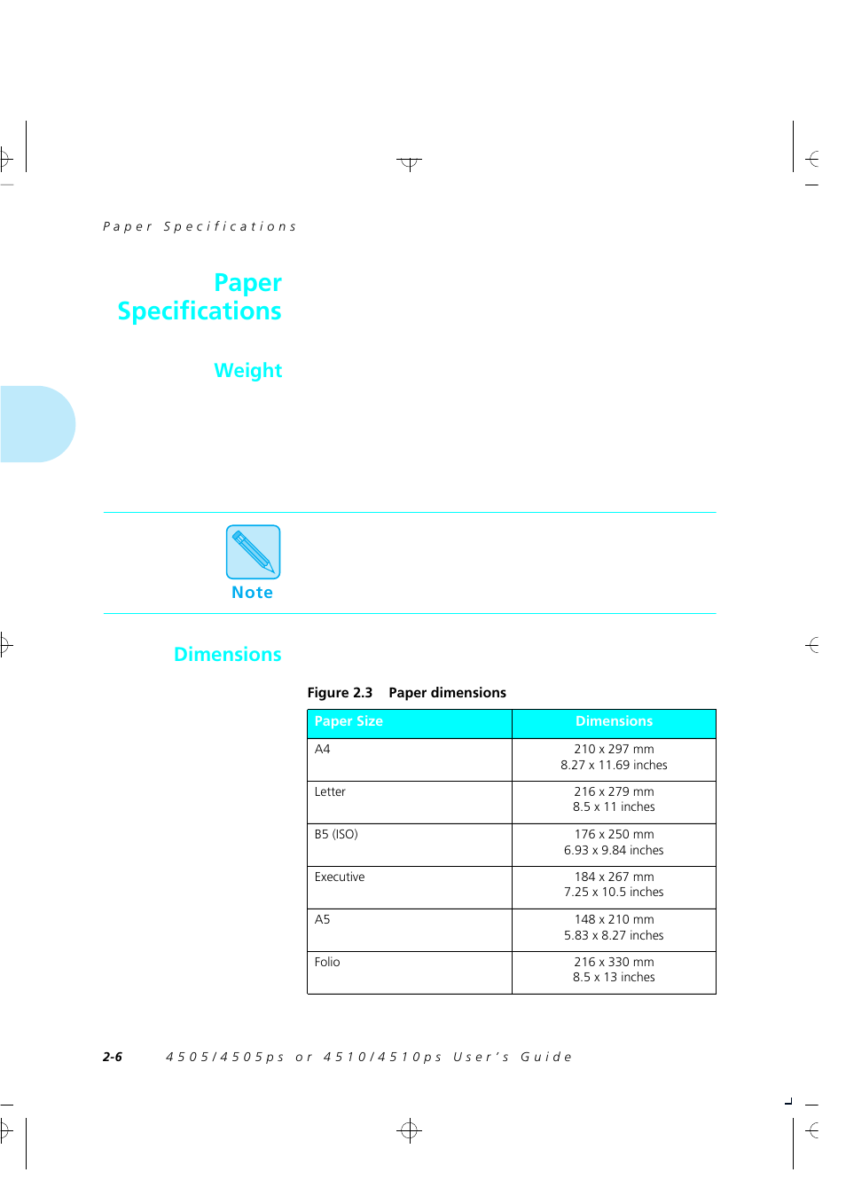 Paper specifications, Weight, Dimensions | Xerox 4505/4505ps User Manual | Page 18 / 286
