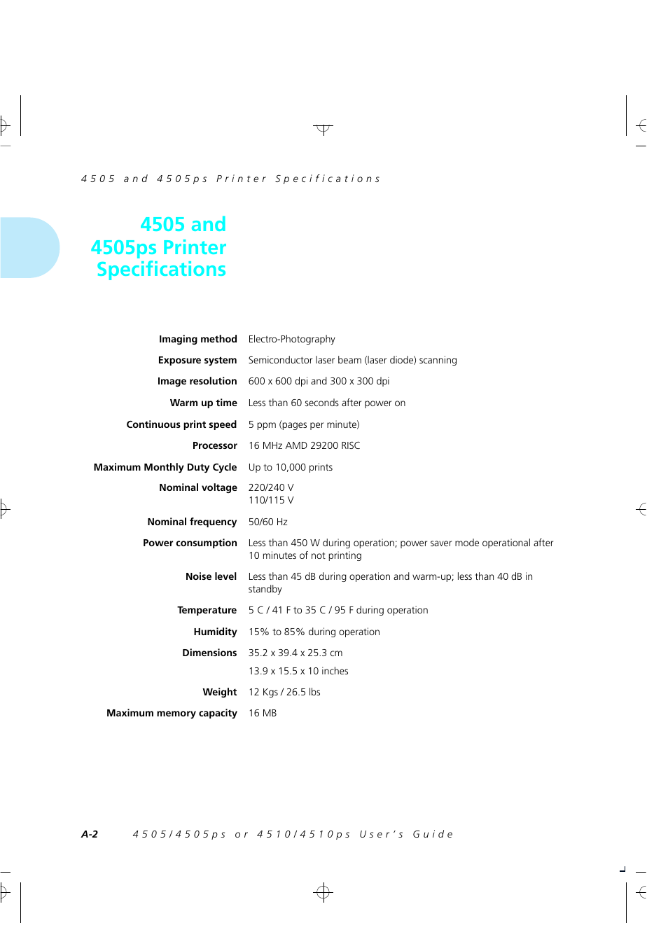 4505 and 4505ps printer specifications | Xerox 4505/4505ps User Manual | Page 204 / 286