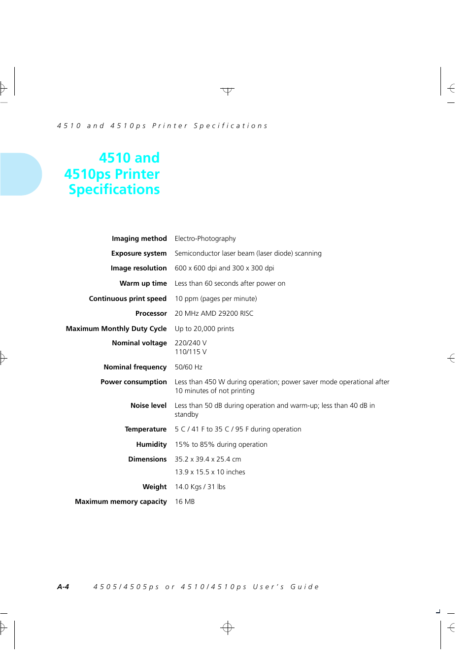 4510 and 4510ps printer specifications | Xerox 4505/4505ps User Manual | Page 206 / 286