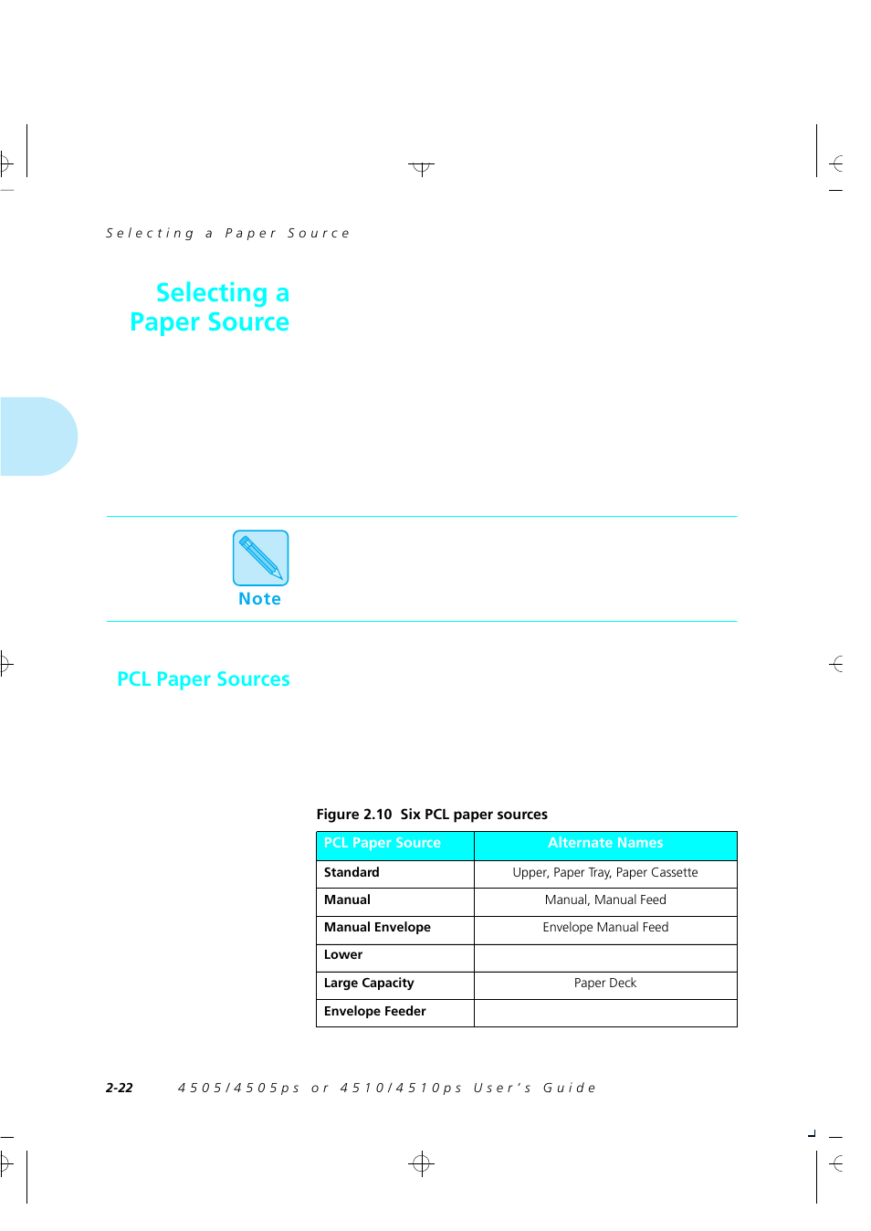 Selecting a paper source, Pcl paper sources | Xerox 4505/4505ps User Manual | Page 34 / 286