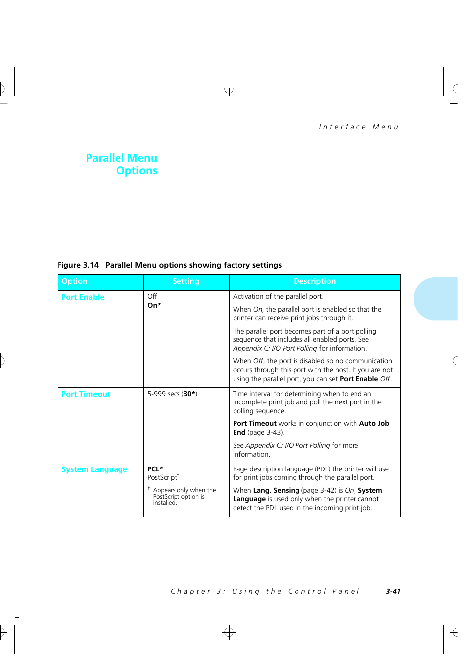 Parallel menu options | Xerox 4505/4505ps User Manual | Page 87 / 286