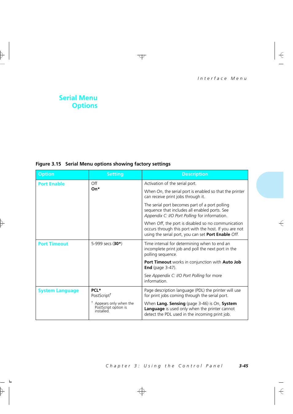 Serial menu options | Xerox 4505/4505ps User Manual | Page 91 / 286