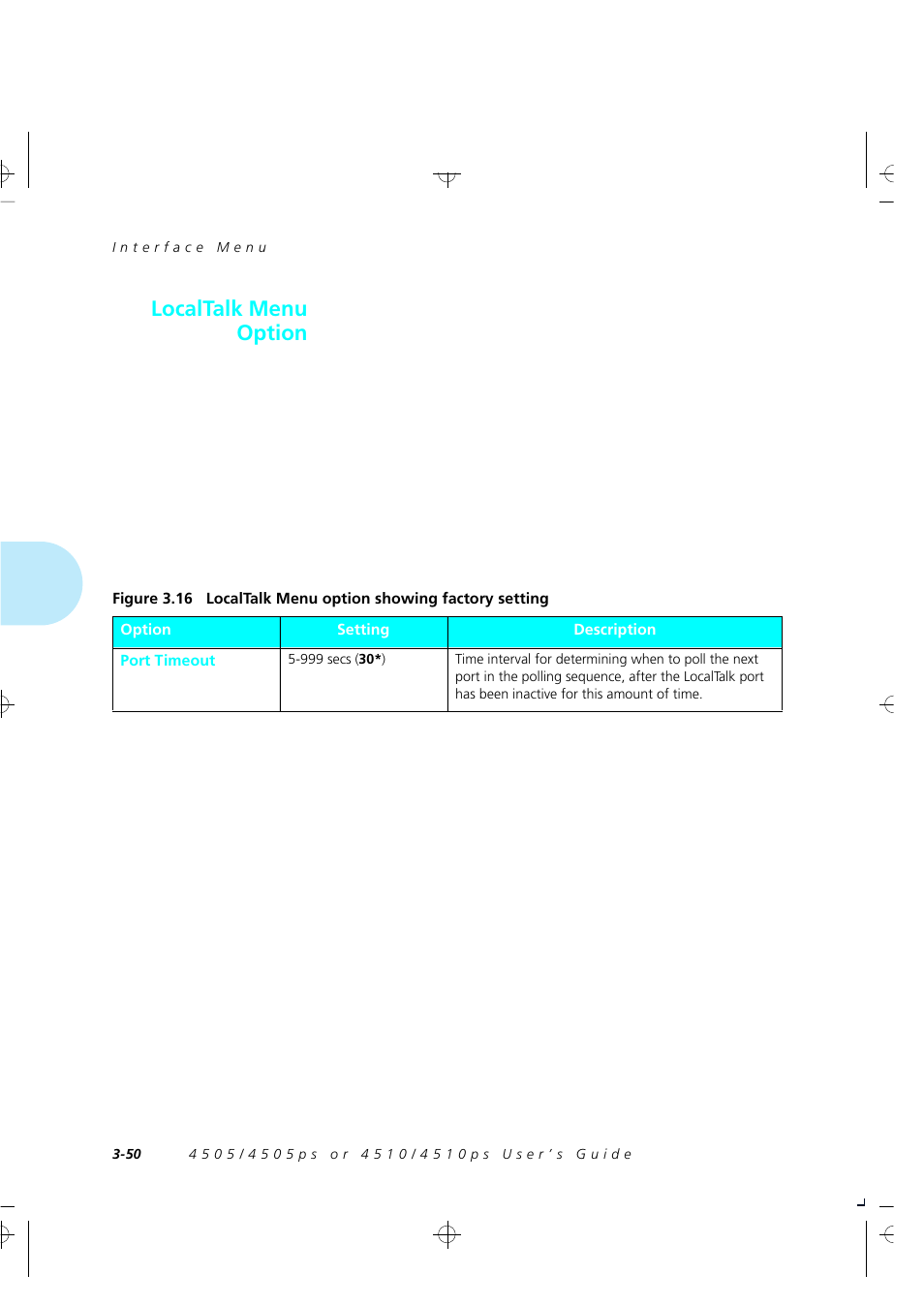 Localtalk menu options, Localtalk menu option | Xerox 4505/4505ps User Manual | Page 96 / 286