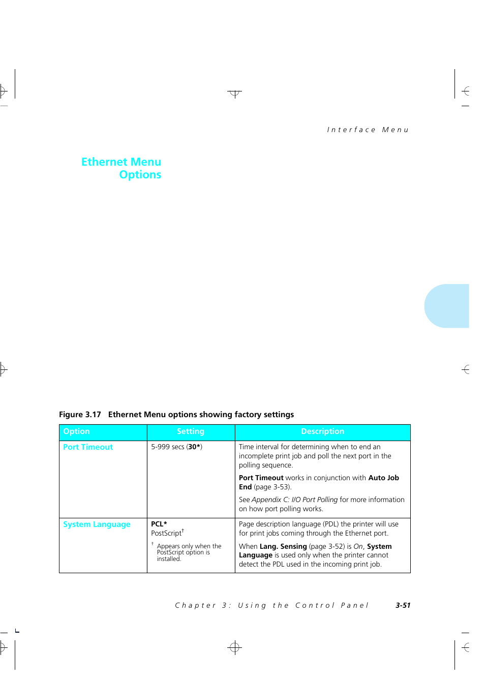 Ethernet menu options | Xerox 4505/4505ps User Manual | Page 97 / 286