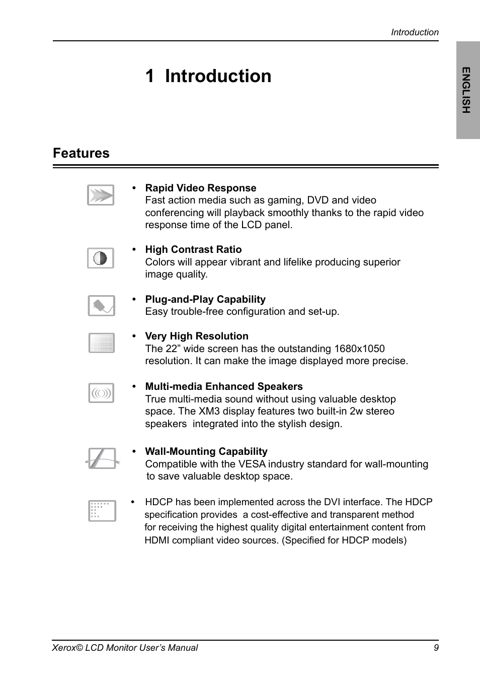 Chapter 1, Introduction, 1 introduction | Features | Xerox XM3-22w User Manual | Page 10 / 31