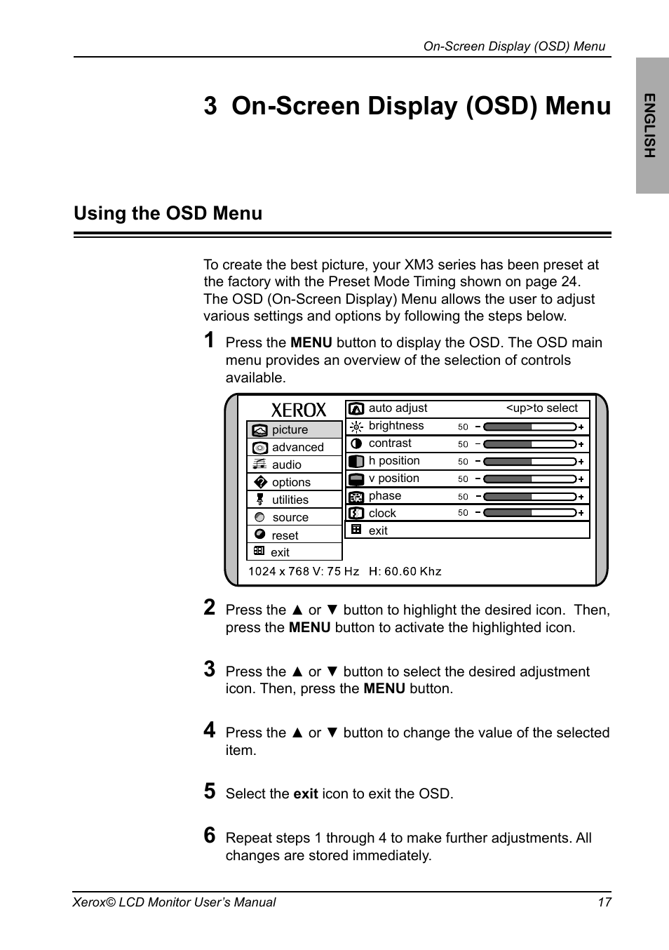 Chapter 3, Osd menu, On-screen display (osd) menu | Using the osd menu, 3 on-screen display (osd) menu | Xerox XM3-22w User Manual | Page 18 / 31