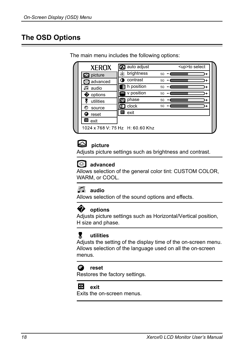 The osd options | Xerox XM3-22w User Manual | Page 19 / 31