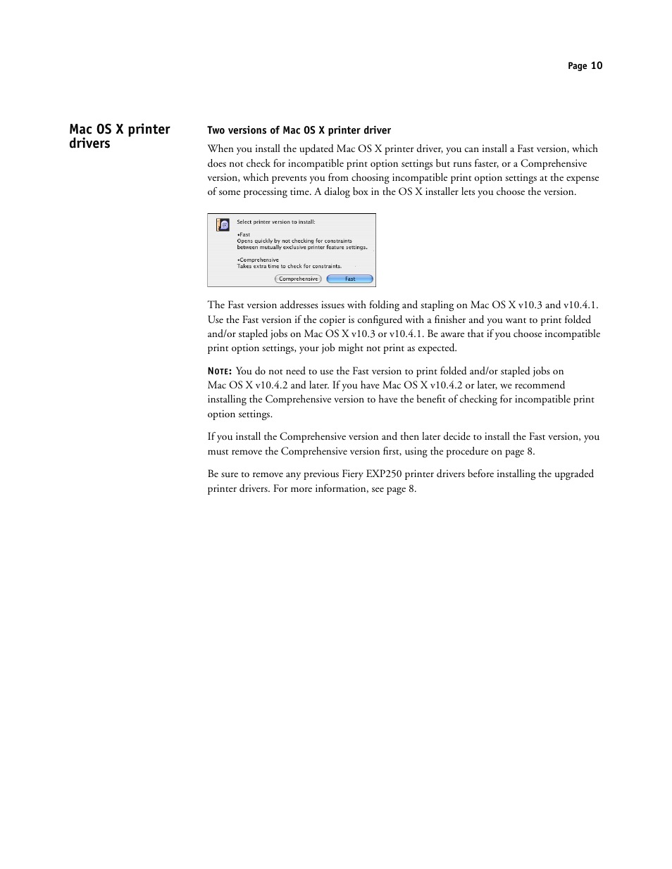 Mac os x printer drivers, Two versions of mac os x printer driver | Xerox DocuColor 250 User Manual | Page 10 / 30