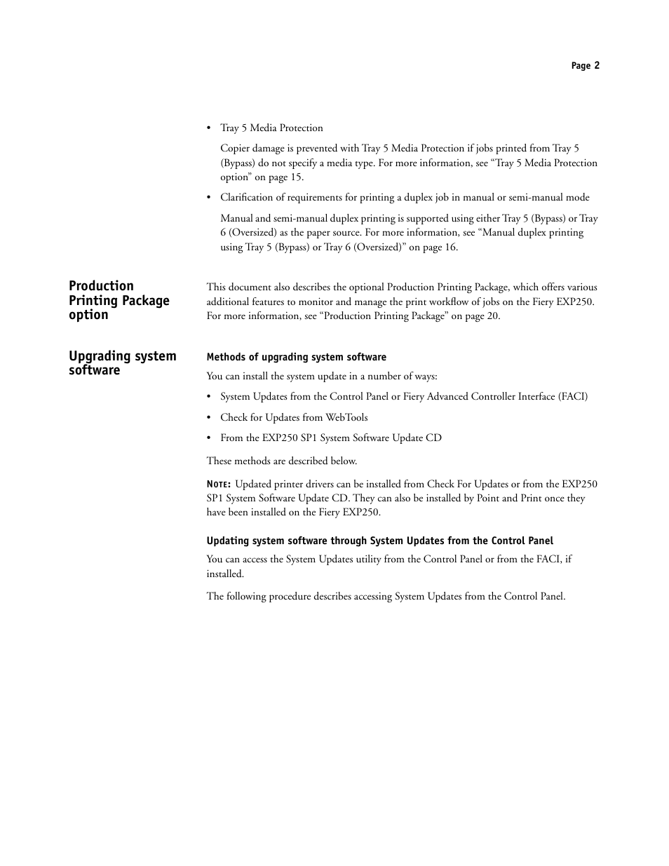 Production printing package option, Upgrading system software, Methods of upgrading system software | Xerox DocuColor 250 User Manual | Page 2 / 30