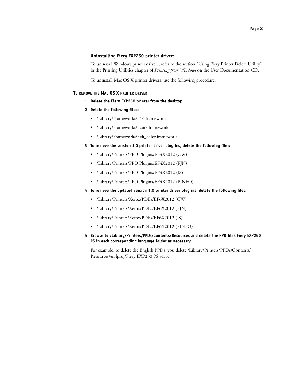 Uninstalling fieryexp250 printer drivers | Xerox DocuColor 250 User Manual | Page 8 / 30