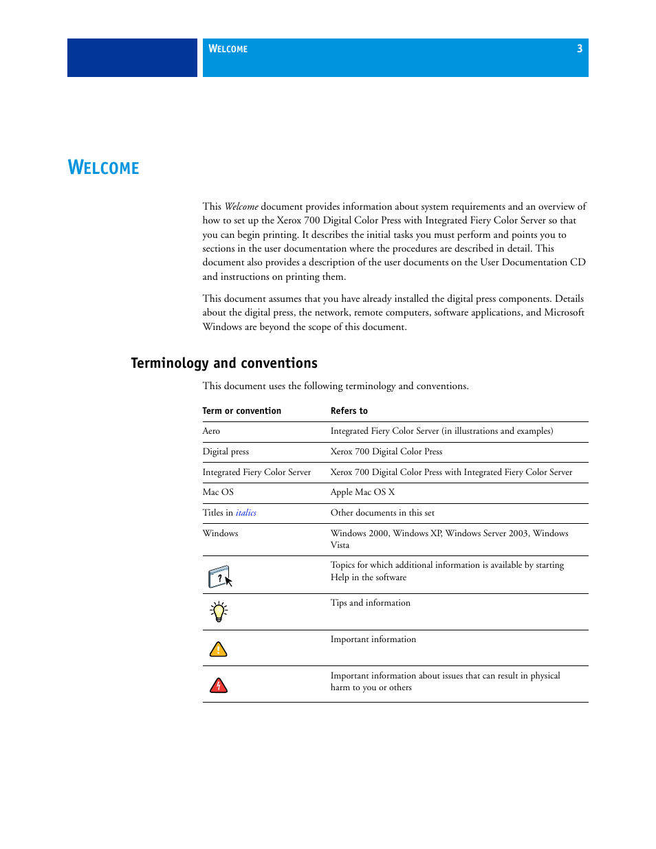 Terminology and conventions, Elcome | Xerox 45072712 User Manual | Page 3 / 15