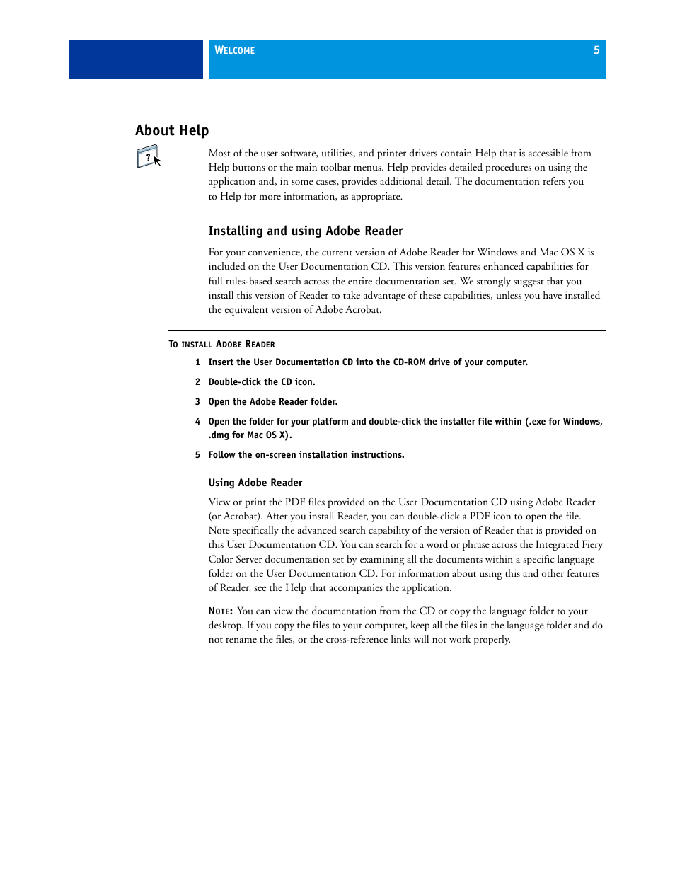 About help, Installing and using adobe reader, N, see | Installing and using adobe, Reader | Xerox 45072712 User Manual | Page 5 / 15