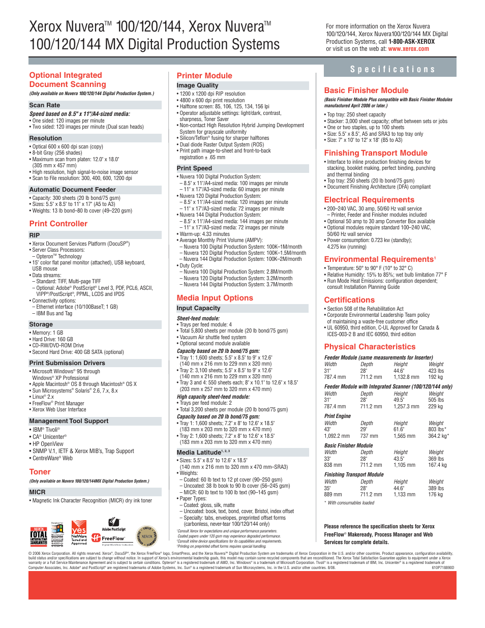 Xerox nuvera, Optional integrated document scanning, Print controller | Toner, Printer module, Media input options, Basic finisher module, Finishing transport module, Electrical requirements, Environmental requirements | Xerox 100/120/144 MX User Manual | Page 2 / 2