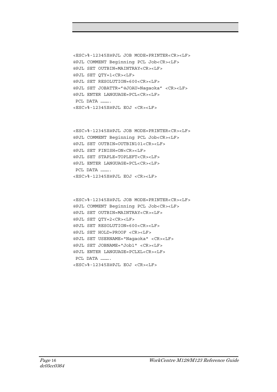 Sample pcl headers | Xerox DOCUCOLOR M123 User Manual | Page 16 / 20