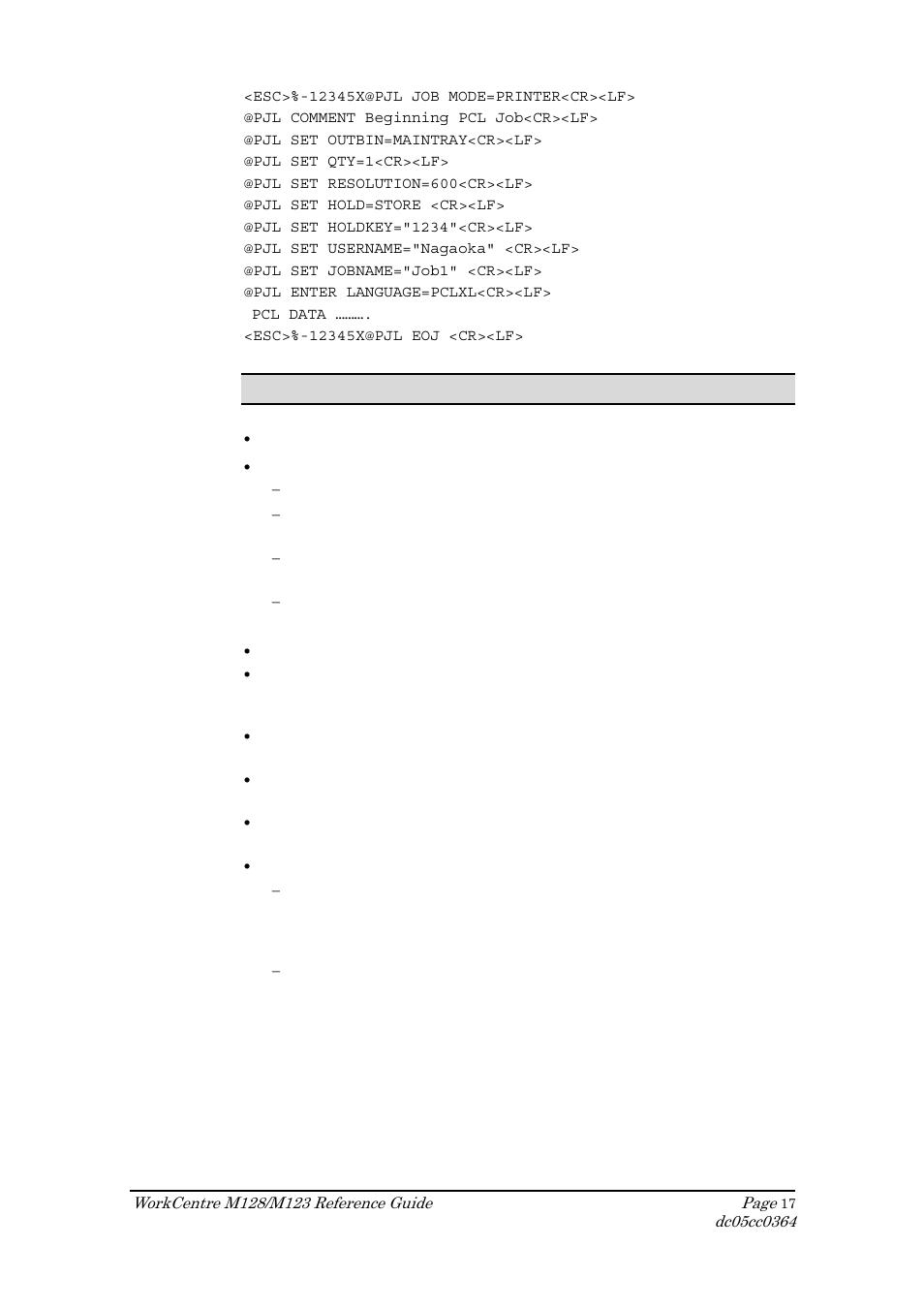 Pcl feature dependencies/caveats | Xerox DOCUCOLOR M123 User Manual | Page 17 / 20