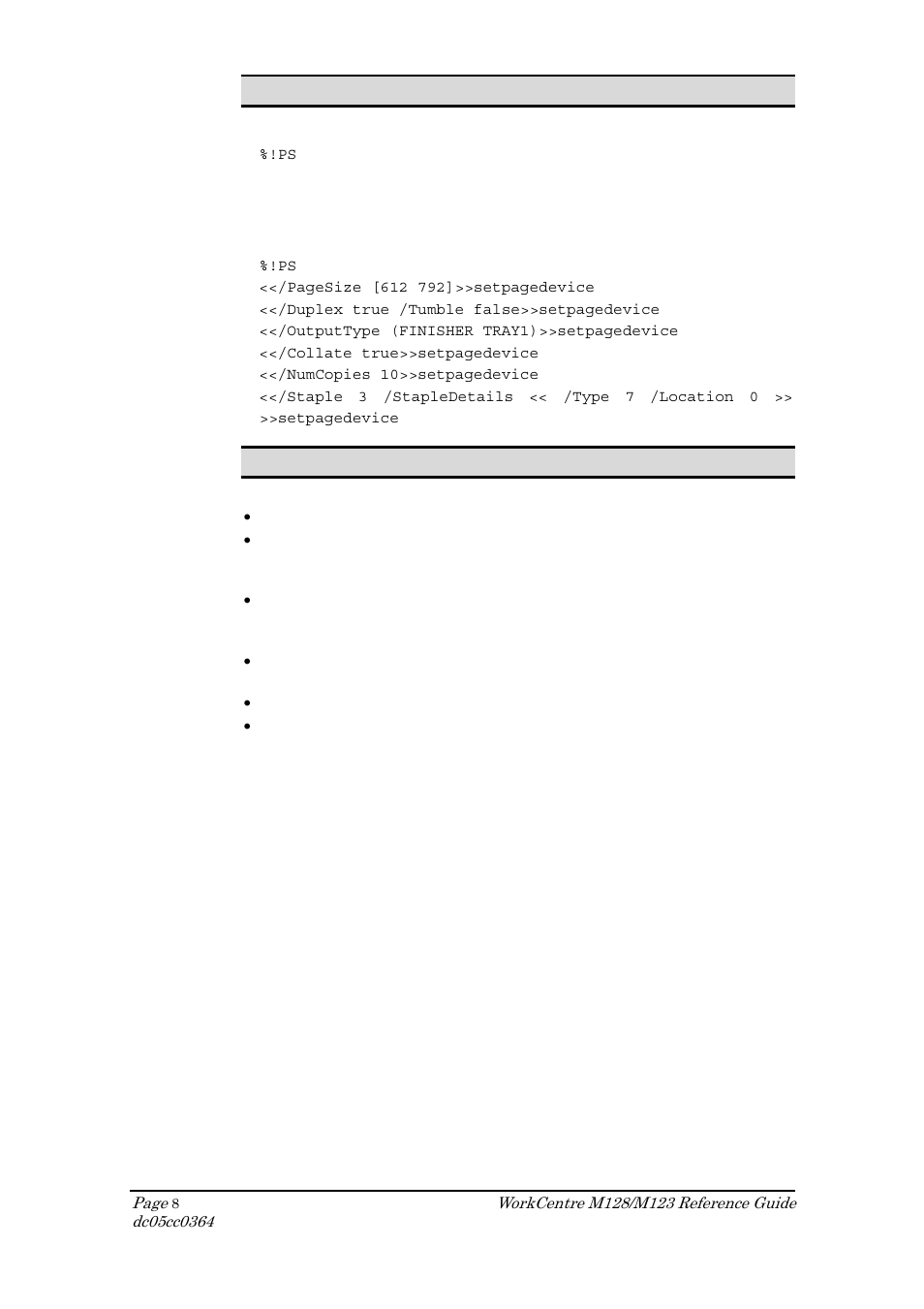 Sample postscript headers, Postscript feature dependencies/caveats | Xerox DOCUCOLOR M123 User Manual | Page 8 / 20