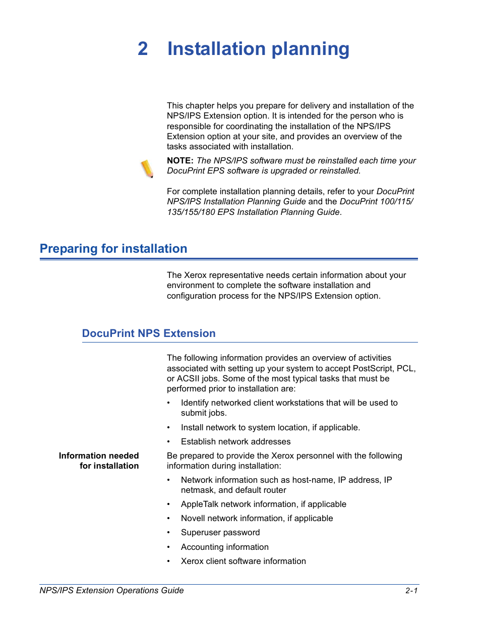 2 installation planning, Preparing for installation, Docuprint nps extension | Preparing for installation -1, Docuprint nps extension -1 | Xerox 115 User Manual | Page 23 / 34