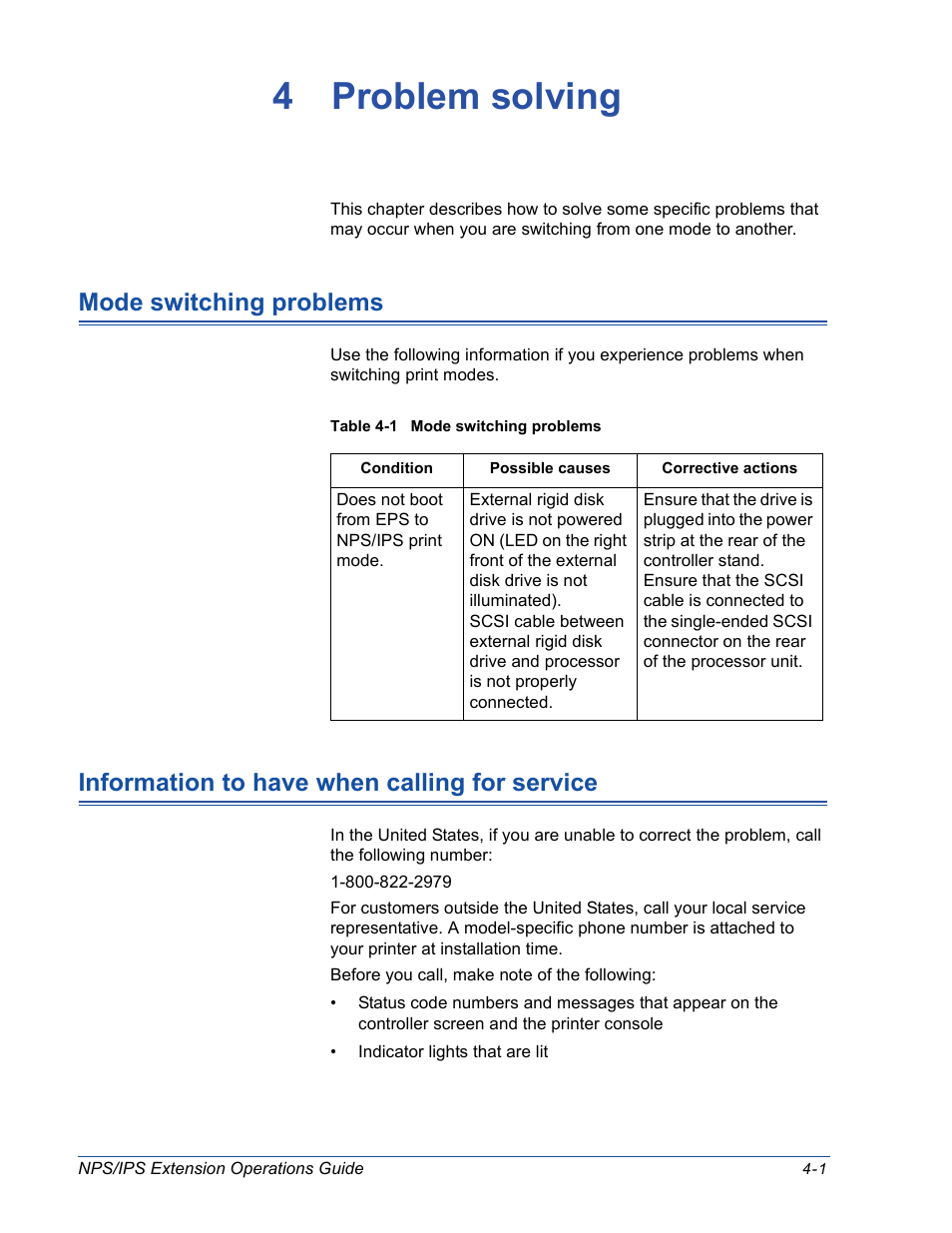 4 problem solving, Mode switching problems, Information to have when calling for service | Xerox 115 User Manual | Page 31 / 34