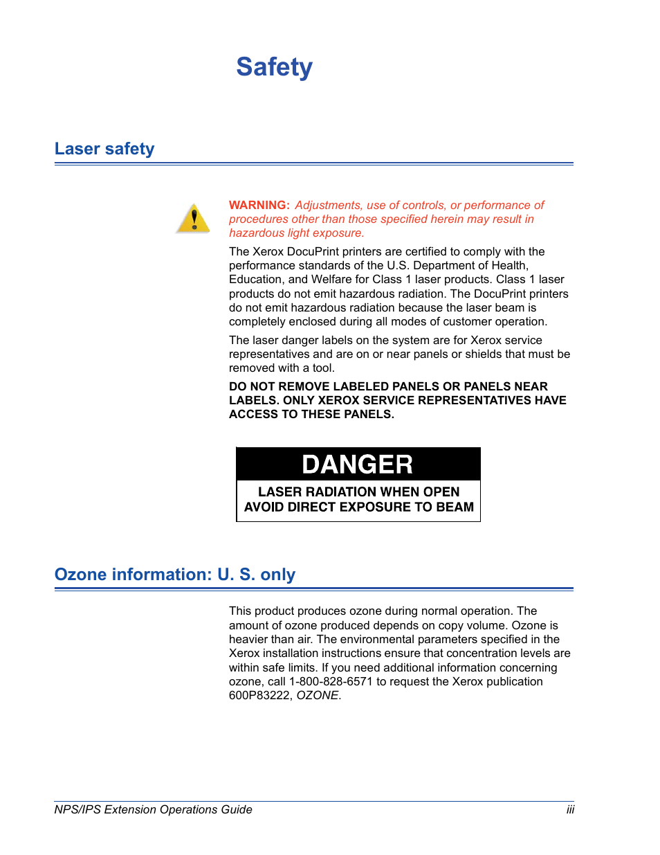 Safety, Laser safety, Ozone information: u. s. only | Xerox 115 User Manual | Page 5 / 34