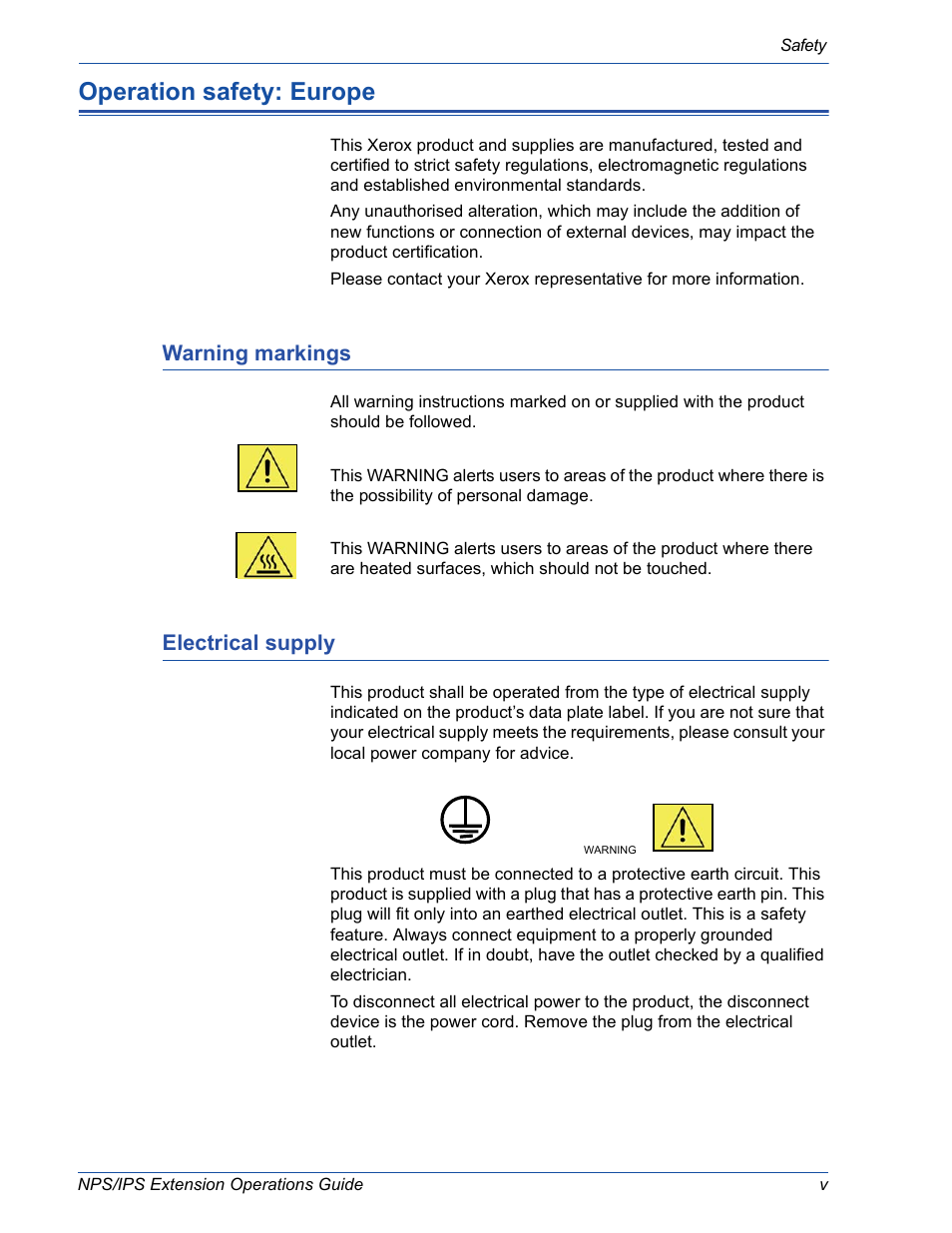 Operation safety: europe, Warning markings, Electrical supply | Xerox 115 User Manual | Page 7 / 34