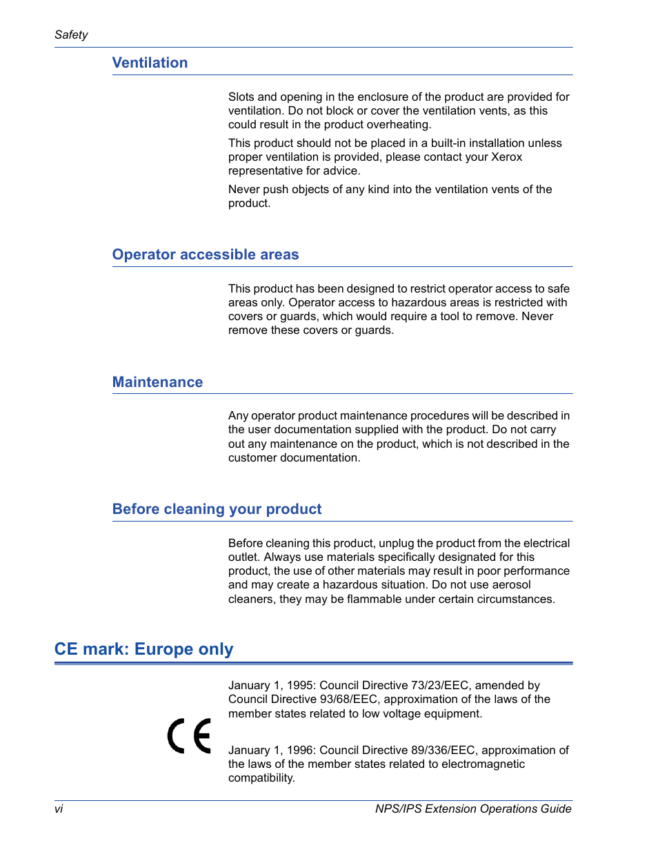 Ventilation, Operator accessible areas, Maintenance | Before cleaning your product, Ce mark: europe only | Xerox 115 User Manual | Page 8 / 34
