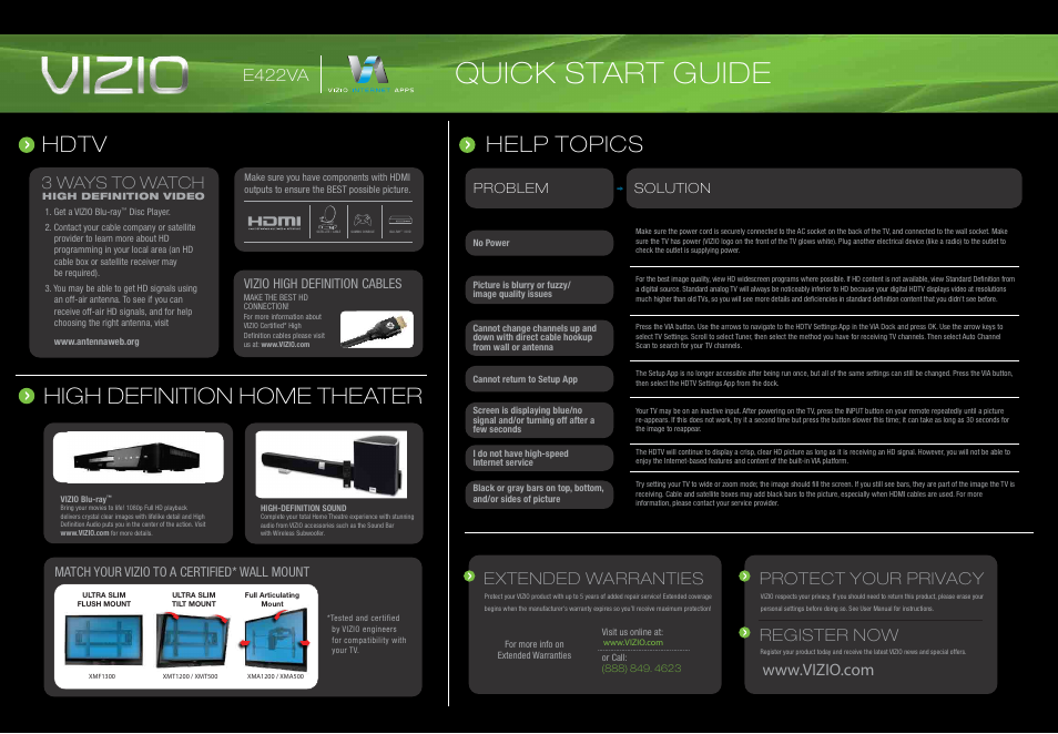 Quick start guide, Help topics hdtv, High definition home theater | 3 ways to watch, Extended warranties, Protect your privacy register now, E422va, Problem solution, Vizio high definition cables, Match your vizio to a certified* wall mount | Xerox E422VA User Manual | Page 2 / 2