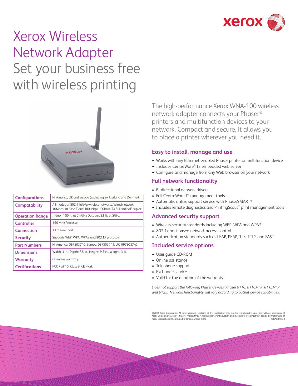 Xerox WNA-100 User Manual | 1 page