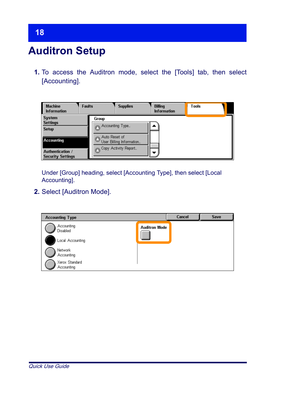 Auditron setup | Xerox XT3008EN0-2 User Manual | Page 20 / 30