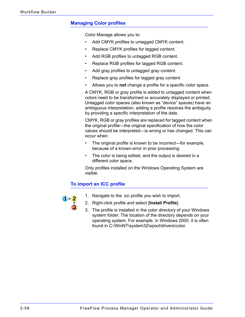 Managing color profiles, To your pc, see, To import an icc | Profile | Xerox 701P47169 User Manual | Page 110 / 308