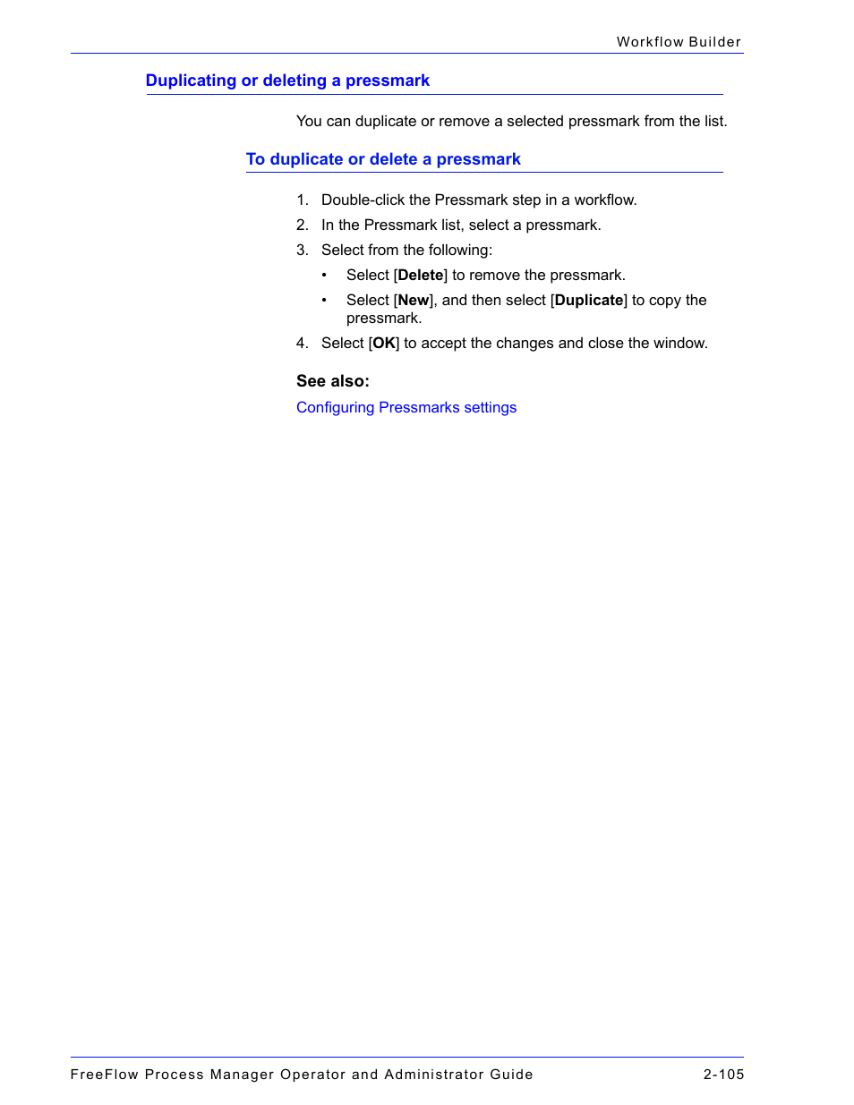 Duplicating or deleting a pressmark -105, Duplicating or, Deleting a pressmark | Xerox 701P47169 User Manual | Page 157 / 308