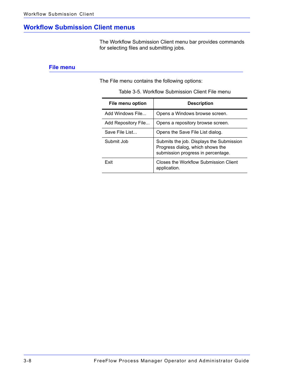 Workflow submission client menus, Workflow submission client menus -8, File menu -8 | Xerox 701P47169 User Manual | Page 248 / 308