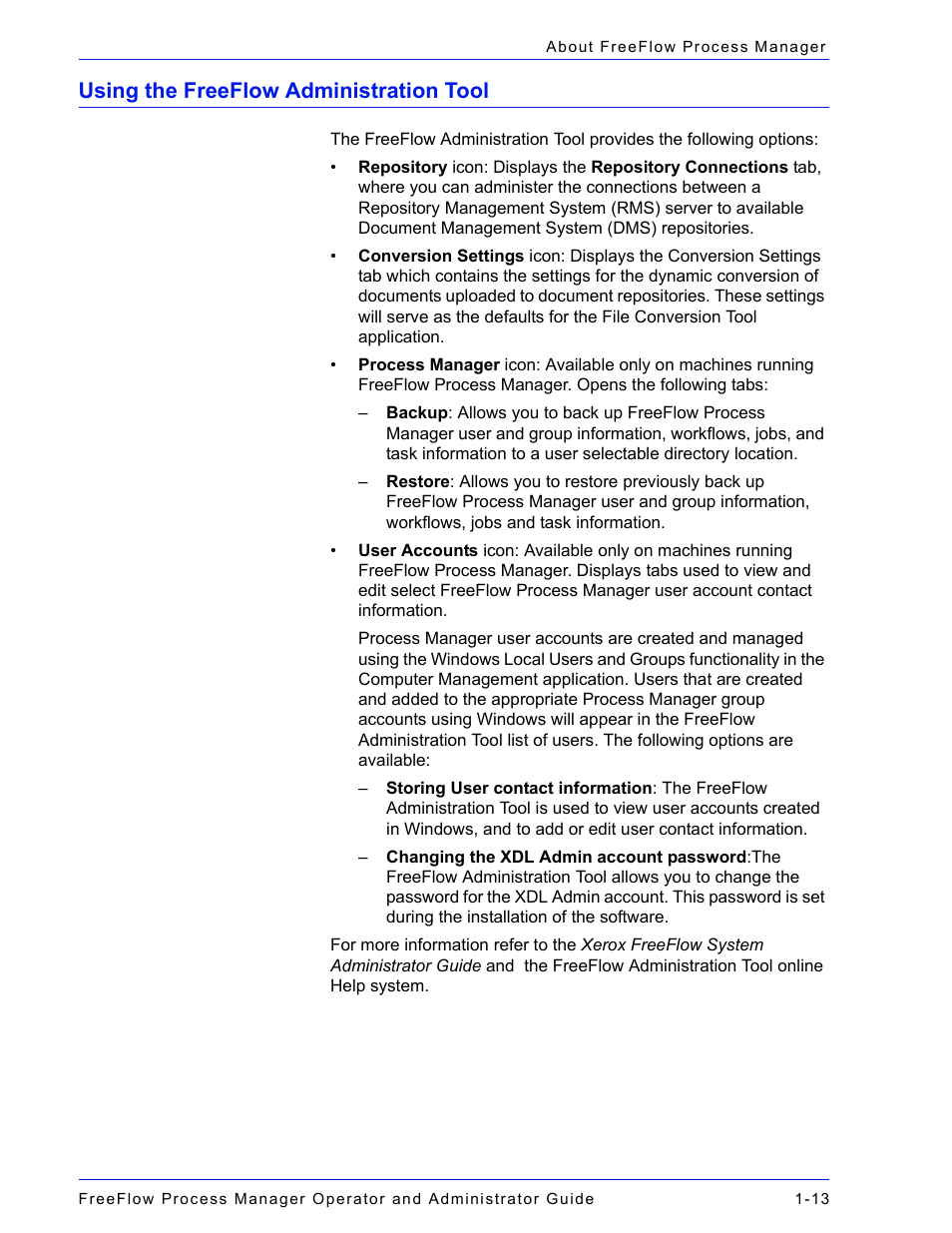 Using the freeflow administration tool, Using the freeflow administration tool -13 | Xerox 701P47169 User Manual | Page 39 / 308