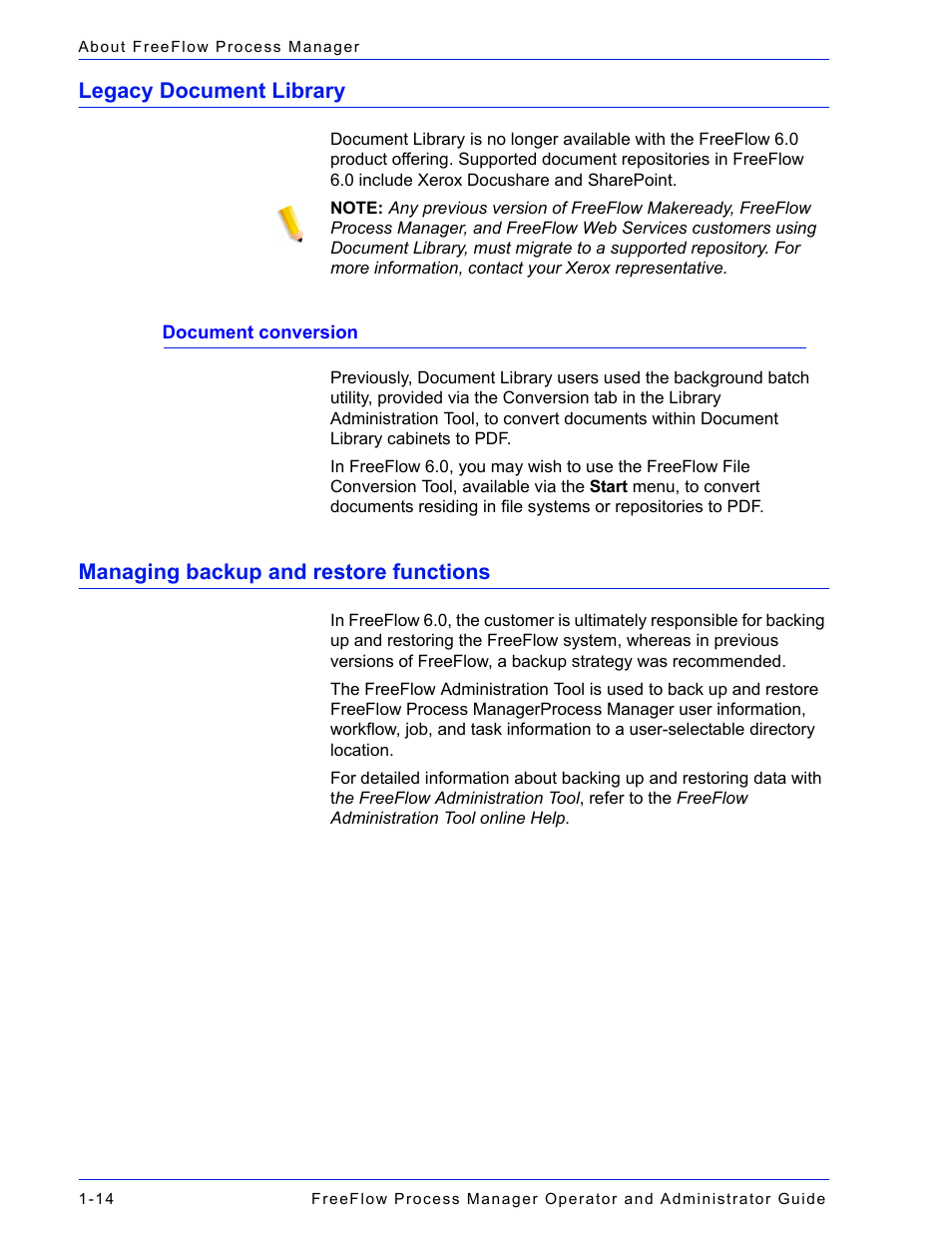 Legacy document library, Managing backup and restore functions, Legacy document library -14 | Document conversion -14, Managing backup and restore functions -14 | Xerox 701P47169 User Manual | Page 40 / 308