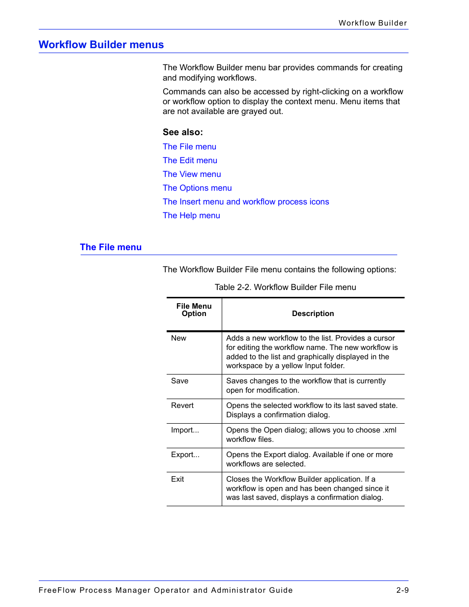 Workflow builder menus, Workflow builder menus -9, The file menu -9 | Xerox 701P47169 User Manual | Page 61 / 308