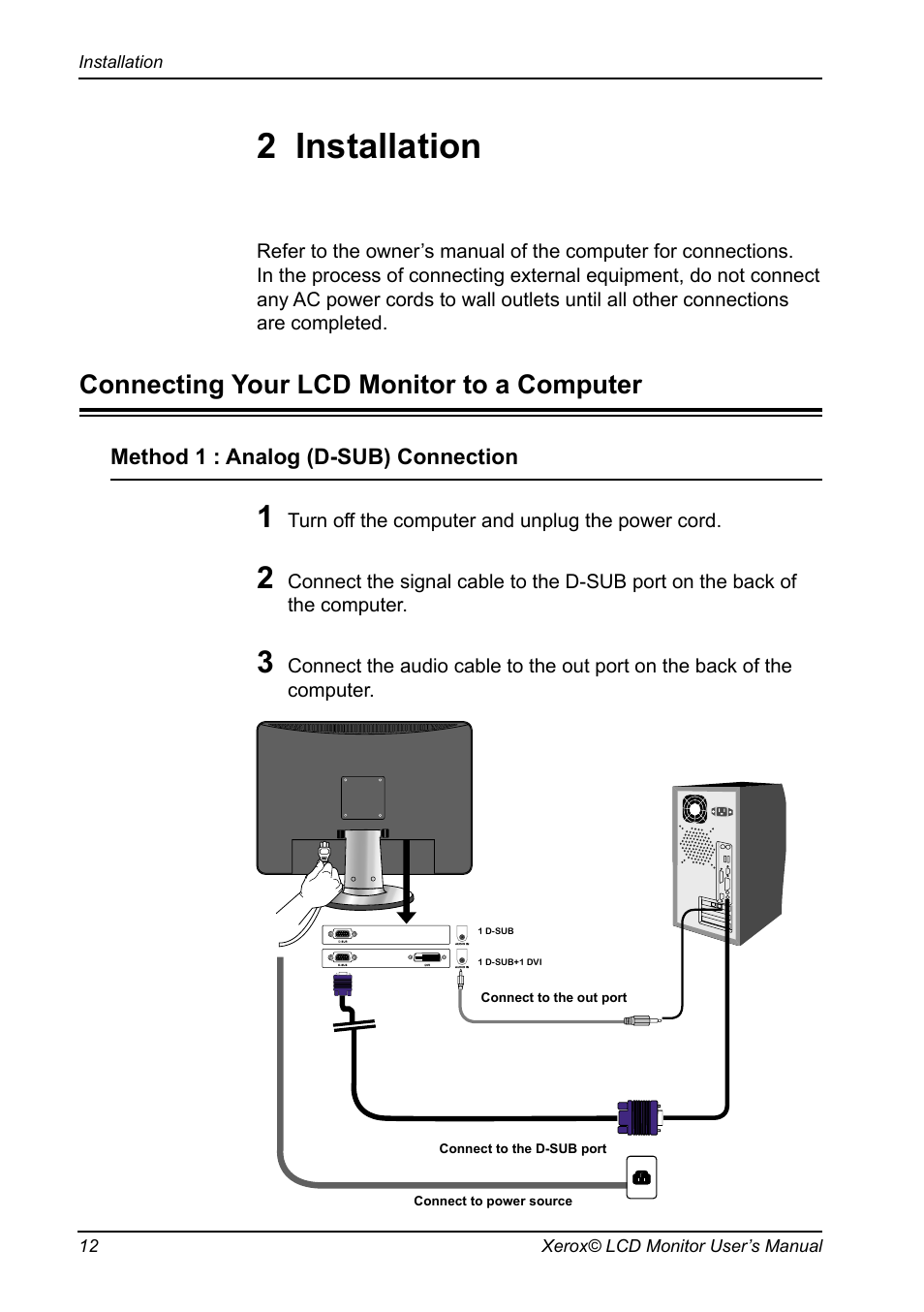 Chapter 1, Introduction, Installation | Connecting your lcd monitor to a computer, 2 installation | Xerox XM3-19w User Manual | Page 13 / 31