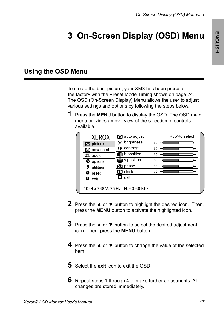 3 on-screen display (osd) menu, Using the osd menu | Xerox XM3-19w User Manual | Page 18 / 31