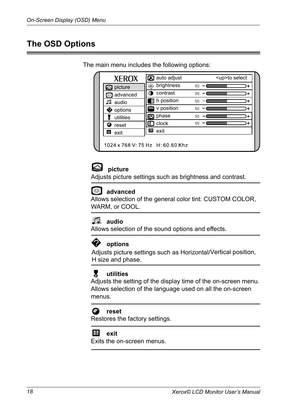 Chapter 3, Osd menu, On screen display | Using the osd menu, The osd options | Xerox XM3-19w User Manual | Page 19 / 31
