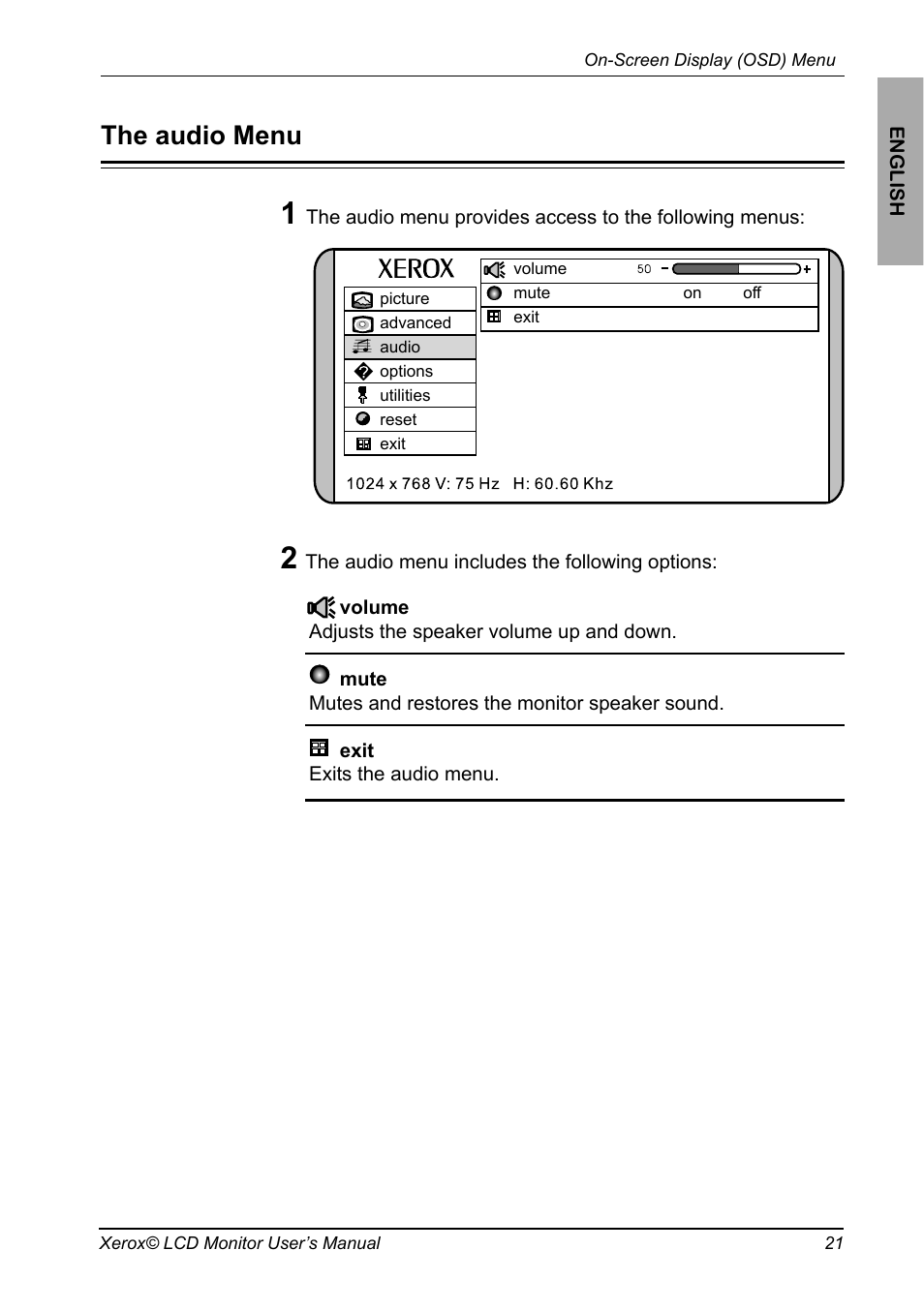 The osd options, The picture options, The advanced options | The audio options, The options options, The utilities options, The audio menu | Xerox XM3-19w User Manual | Page 22 / 31