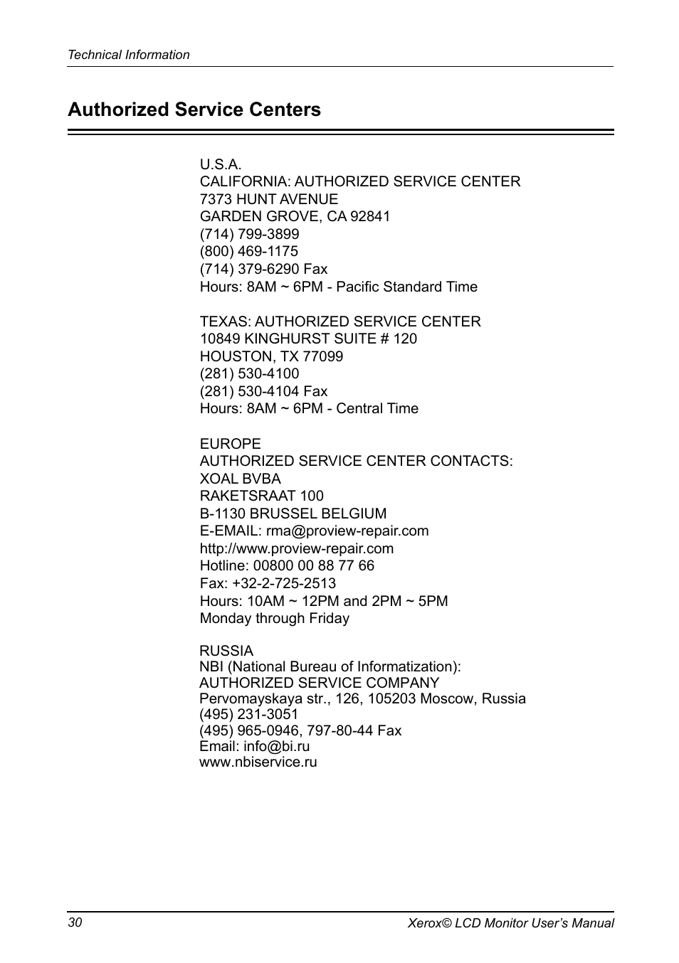 Authorized service centers | Xerox XM3-19w User Manual | Page 31 / 31