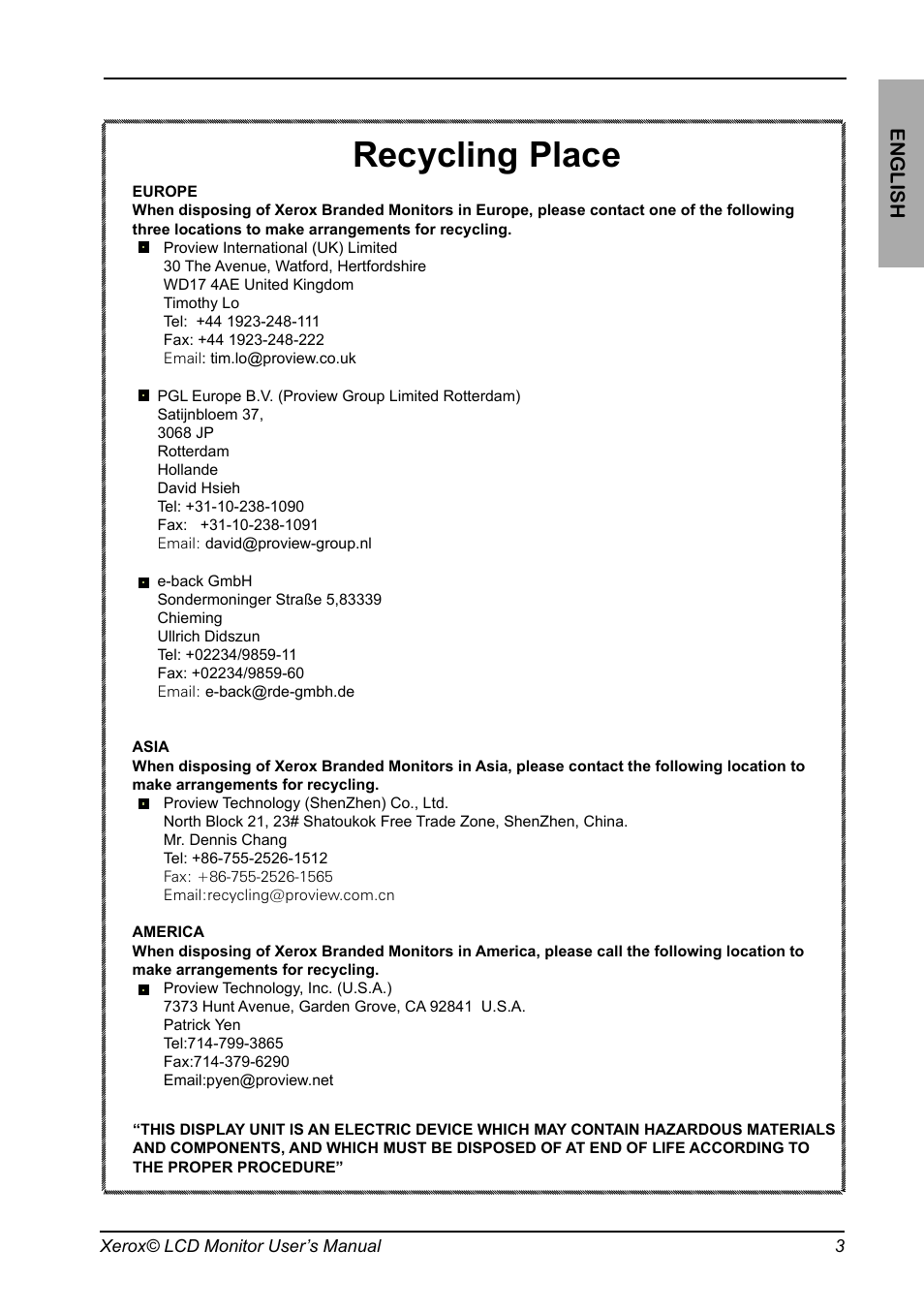 Recycling place, English | Xerox XM3-19w User Manual | Page 4 / 31