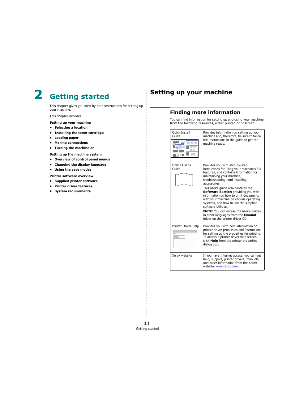 Getting started, Setting up your machine, Finding more information | Xerox 3119 User Manual | Page 11 / 86